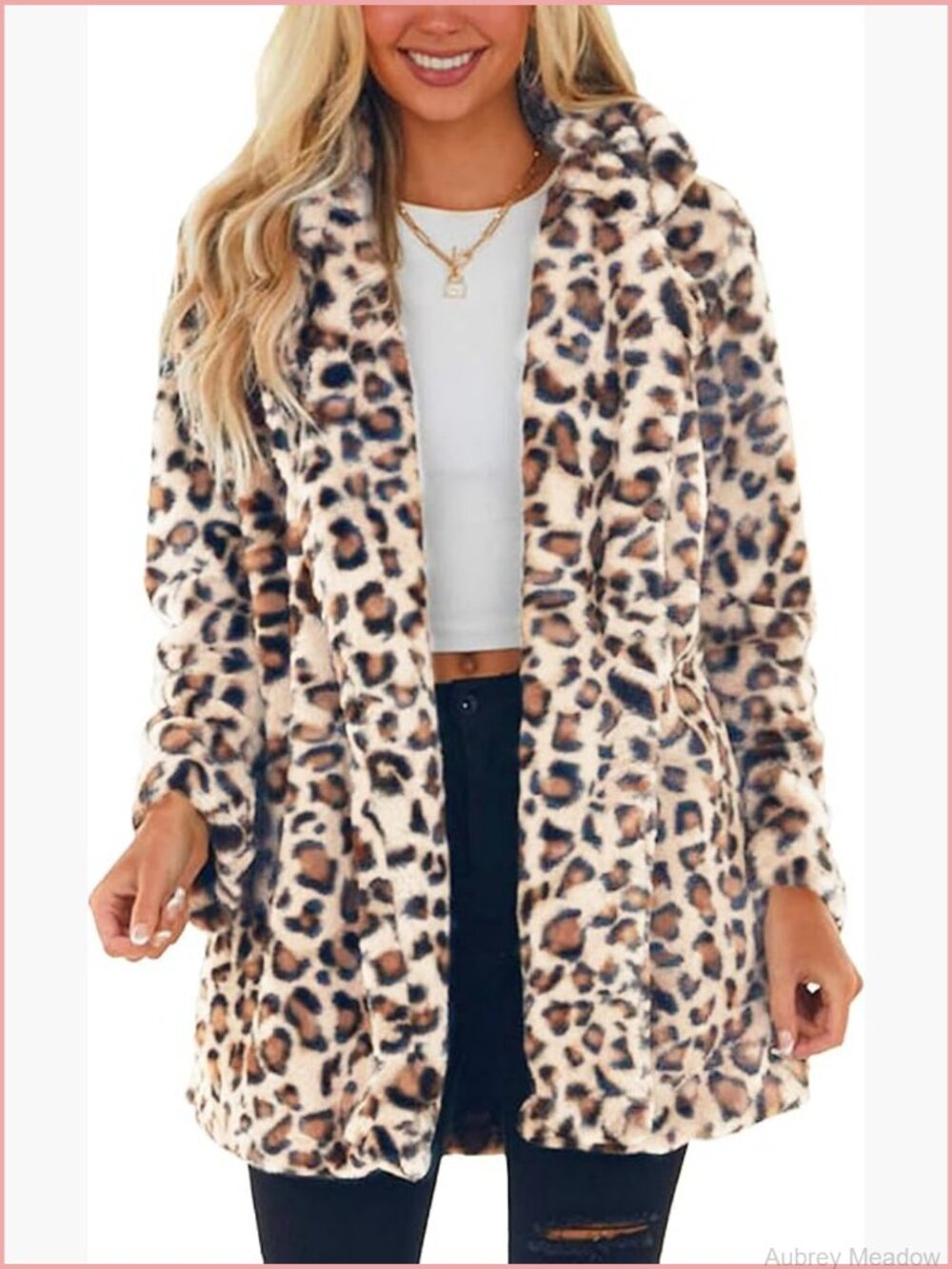 Faux Fur Jacket Leopard Coat Loose Open Front with Pockets - Picture 1 of 7
